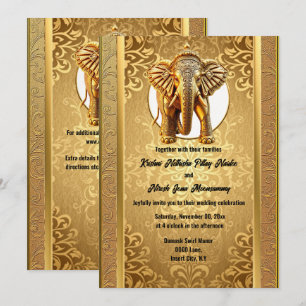 Convites Casamento indiano elefantes pretos dourados damasc