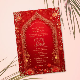 Convites Casamento Indiano Elegante Floral Vermelho Dourado