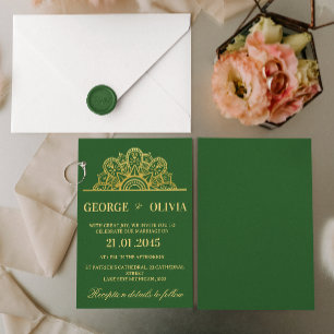 Convites Casamento Indiano Elegante Mandala Verde Escuro e
