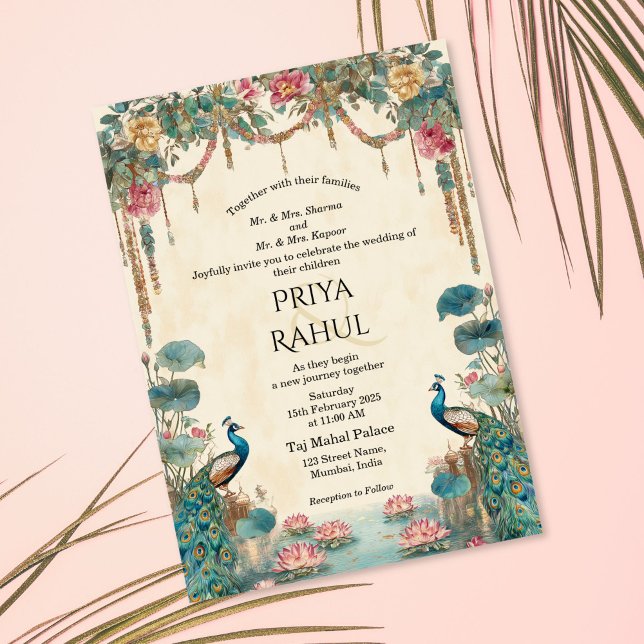 Convites Casamento Indiano Elegante Vintage Floral Pavão (indian wedding invitation with peacocks and lotus flowers)