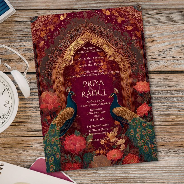 Convites Casamento Indiano Elegante Vintage Marrom Dourado  (Elegant Vintage Maroon Gold Peacock Indian Wedding Invitation)