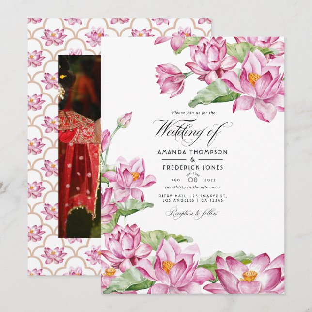 Convites Casamento Indiano Flor de Lótus (Frente/Verso)