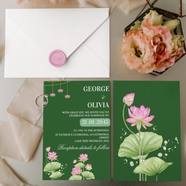 Convites Casamento Indiano Flor de Lótus Verde Profundo (Criador carregado)