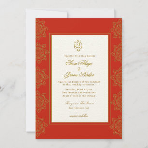 Convites Casamento Indiano Ganesh Red & Dourado Mandala