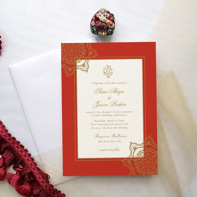 Convites Casamento Indiano Ganesh Red & Dourado Mandala (Criador carregado)