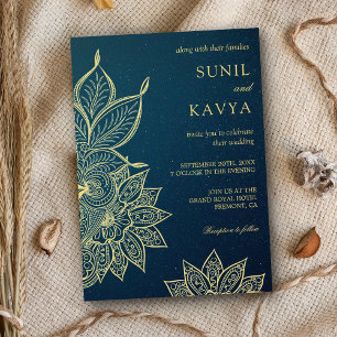Convites Casamento Indiano Henna Galáxia Azul Dourado Moder