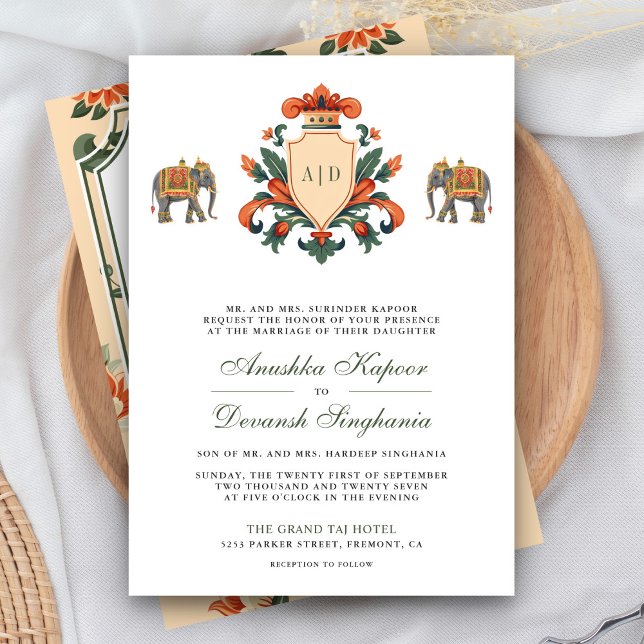 Convites Casamento Indiano Hindu com Brasão Real Vintage (Criador carregado)