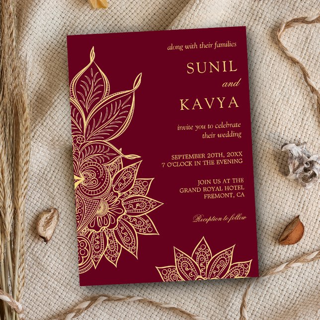 Convites Casamento Indiano Mehendi Henna Borgonha Dourado (Criador carregado)