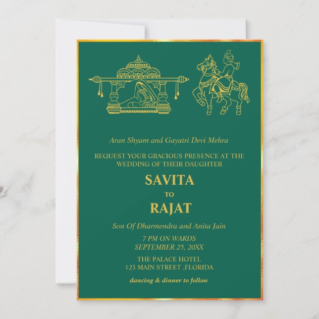 Convites Casamento Indiano Moderno Verde Esmeralda  (Frente)
