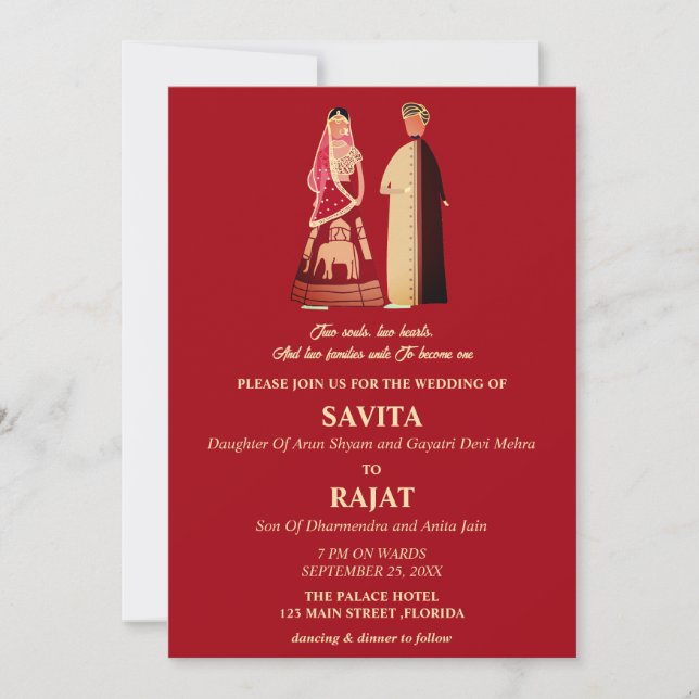 Convites Casamento Indiano Moderno Vermelho e Dourado  (Frente)