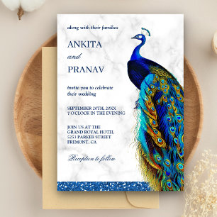 Convites Casamento Indiano Pavão com Brilho Azul Chic Moder