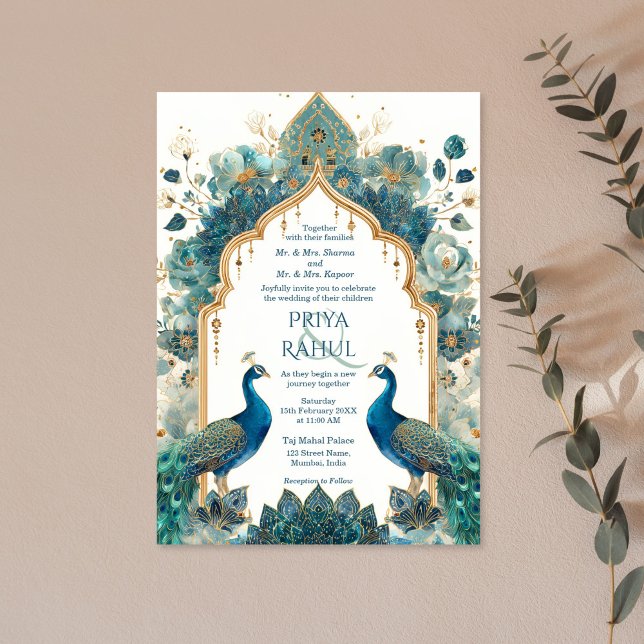 Convites Casamento Indiano Pavões Antigos Elegantes (blue and green floral indian wedding invitation with arch, flowers and two peacocks)