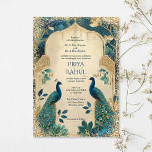 Convites Casamento Indiano Pavões Vintage Ouro Elegante