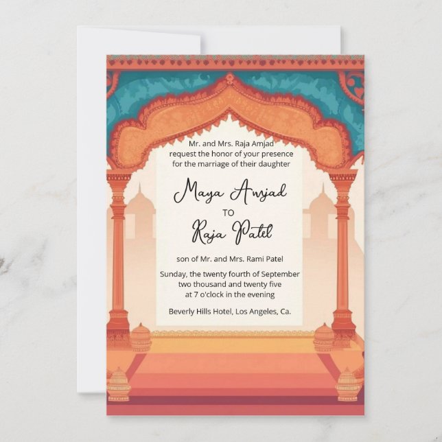 Convites Casamento Indiano Quadro de Arquitetura da Índia (Frente)