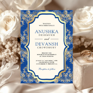 Convites Casamento Indiano Royal Blue Gold Lace