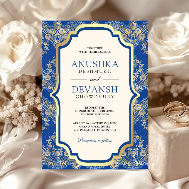 Convites Casamento Indiano Royal Blue Gold Lace (Criador carregado)