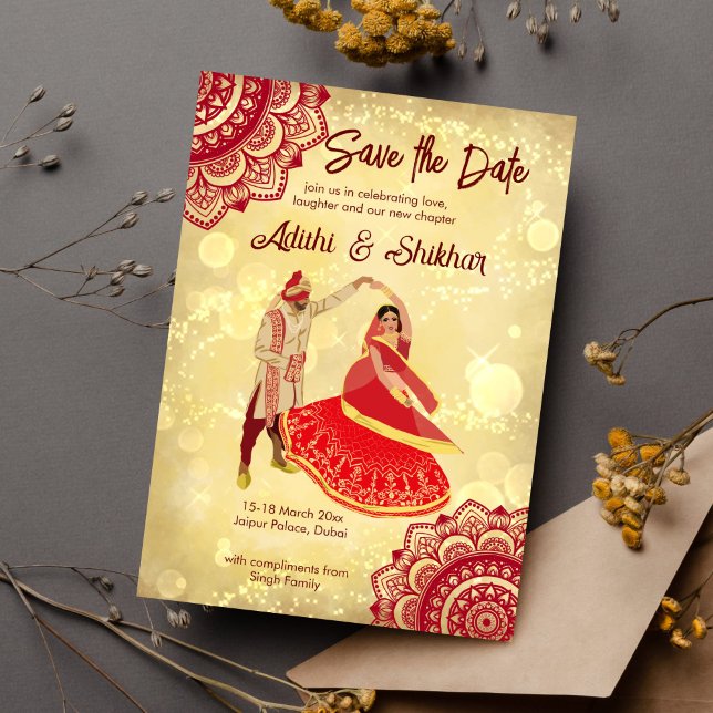 Convites casamento indiano salvar a data grená e dourado (Indian wedding save the date maroon and gold dancing Indian bridal couple mandalas template invite)