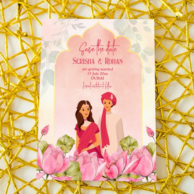 Convites Casamento indiano salve a data do casal de lótus b (Criador carregado)