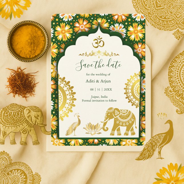 Convites Casamento Indiano Salve a Data – Esmeralda Marfim  (Criador carregado)