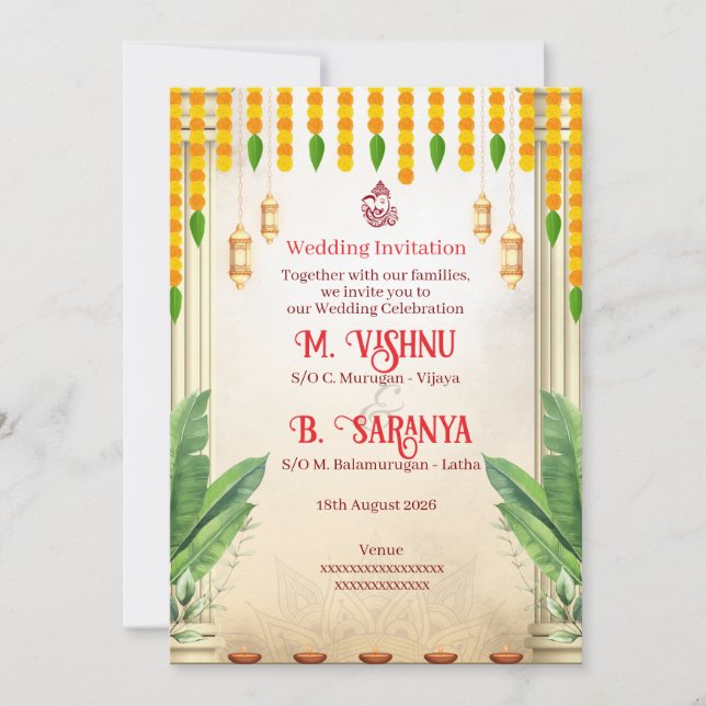Convites Casamento Indiano Tradicional com Marigold e Folha (Frente)