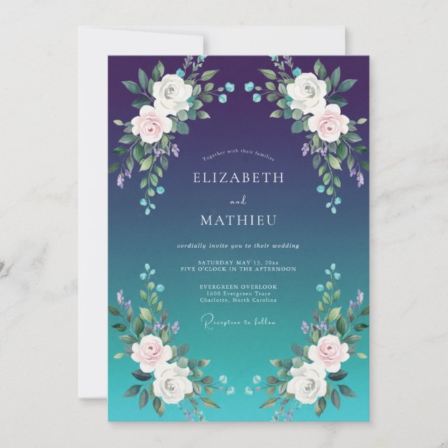 Convites Casamento Indigo Ciano Ranunculus Eucalipto (Frente)