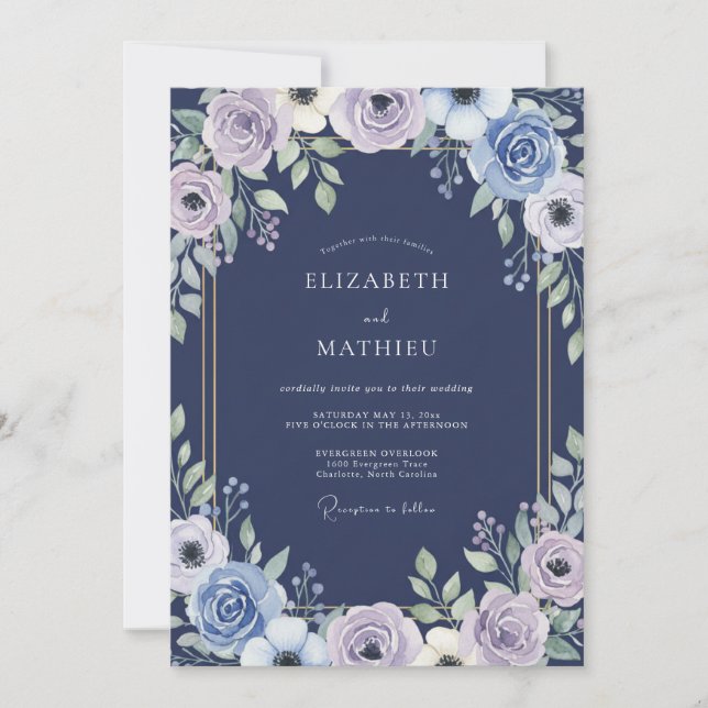 Convites Casamento Indigo Lilac Ranunculus Sage (Frente)