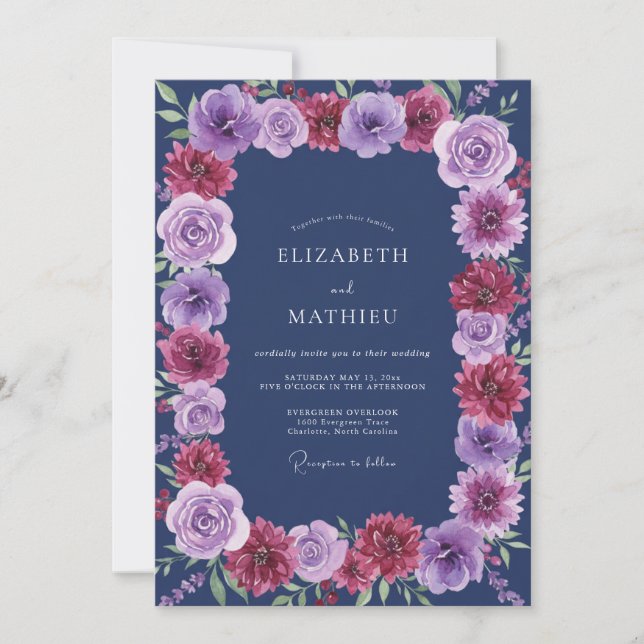 Convites Casamento Indigo Magenta Ranunculus Eucalipto (Frente)