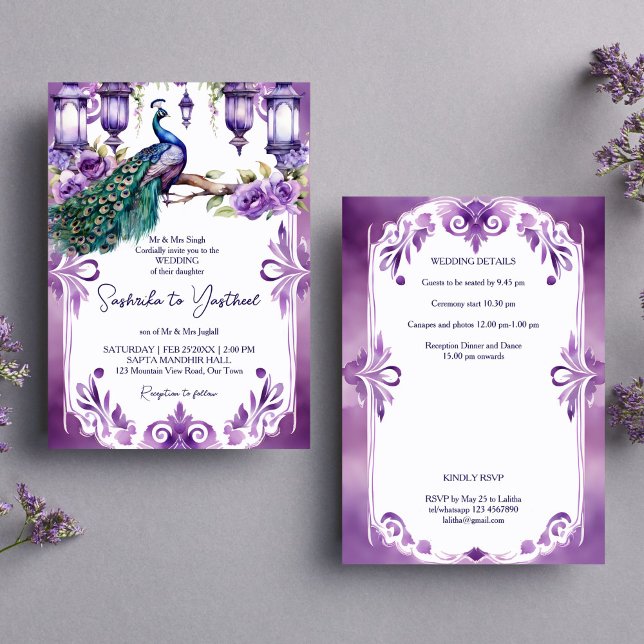 Convites Casamento índio com jardim de colheita de pavão (Purple peacock vintage garden Indian wedding all in one editable template Invitation digital downloa)