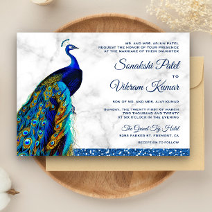 Convites Casamento Índio de Peacock com Azul-Glitter Elega