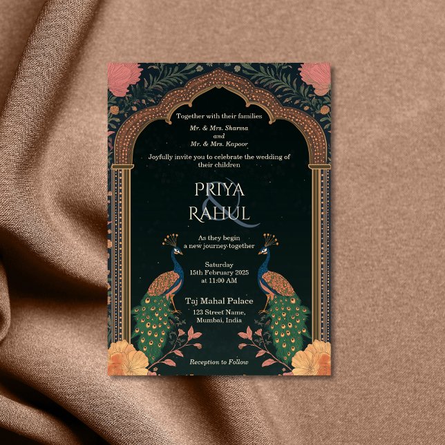 Convites Casamento Índio de Peacocks Florais Elegante Vinta (indian wedding invitation with two peacocks)