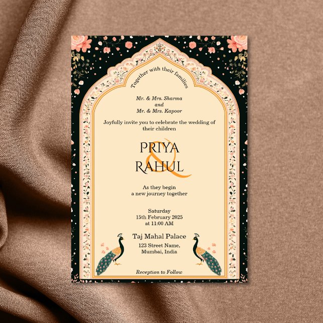 Convites Casamento Índio de Peacocks Florais Elegante Vinta (indian door arch with two peacocks wedding invitation)