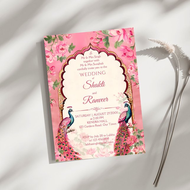 Convites Casamento índio de pinheiros cor-de-rosa (Vintage pink peacocks arch frame Indian wedding Invitation editable template instant download)