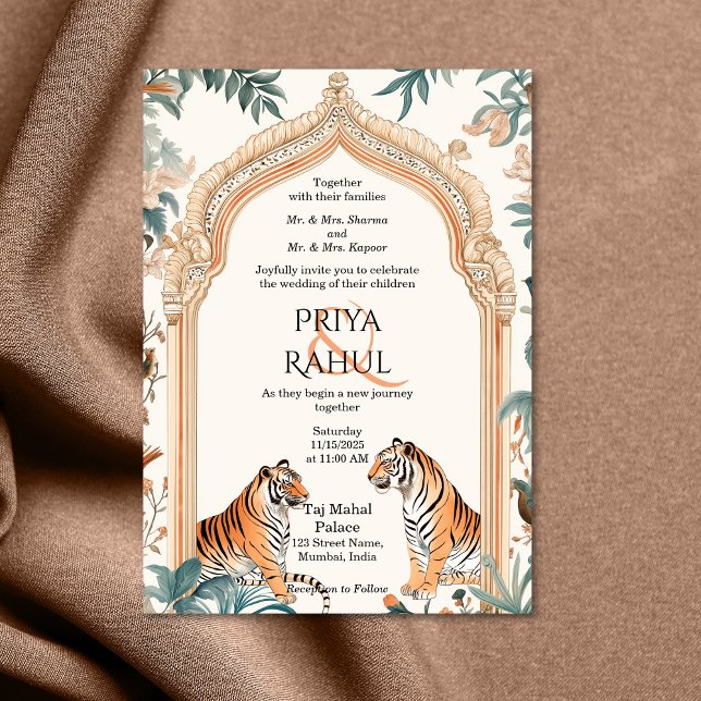 Convites Casamento índio de Tigres Tradicionais Elegantes (indian arched door with two tigers beige gold color wedding invitation)
