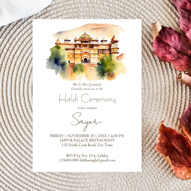 Convites Casamento índio do palácio de Jaipur Haldi (Jaipur palace modern watercolor Indian wedding Haldi editable template invitation digital download )