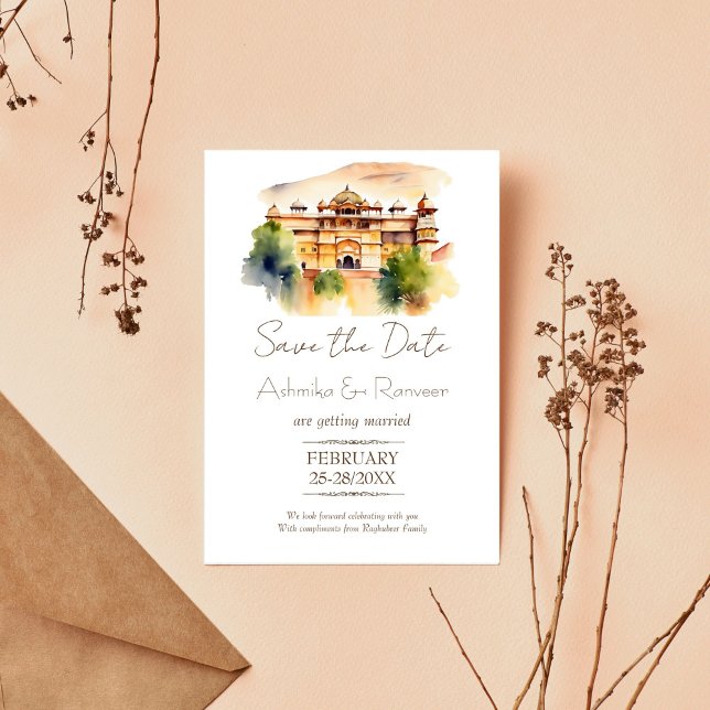 Convites Casamento índio do palácio Jaipur Salve a data (Jaipur palace watercolor Indian wedding save the date editable template invitation digital download )