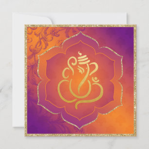 Convites Casamento Índio Dourado Ganesh Roxo Laranja