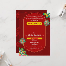 Convites Casamento índio elegante vermelho, salve a data