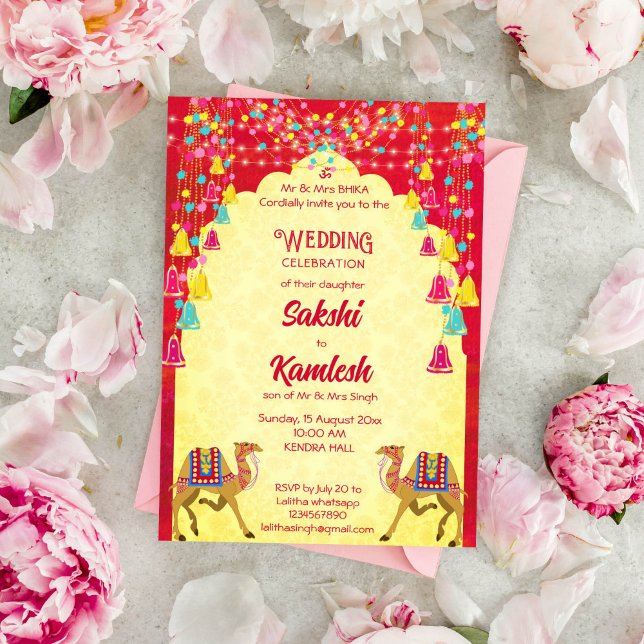 Convites Casamento índio: Rajasthani camela colorida (Indian wedding template invitation instant download Rajasthani camels arch frame cerise and yellow)