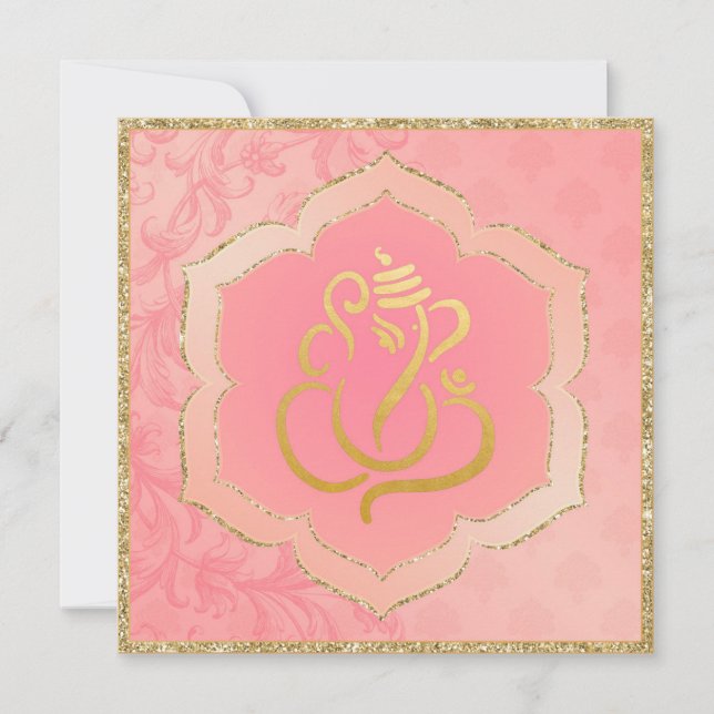 Convites Casamento Índio Rosa Damask Dourado Ganesh  (Frente)