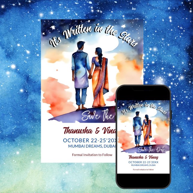Convites Casamento índio salvo a data em que está escrito e (Indian wedding save the date it's written in the stars editable template romantic watercolor)