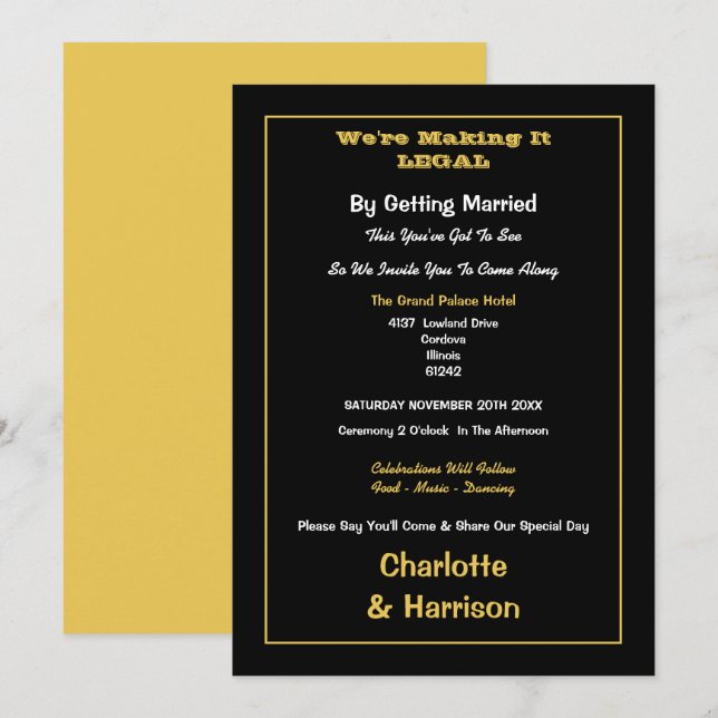 Convites Casamento Informal Black Gold (Frente/Verso)