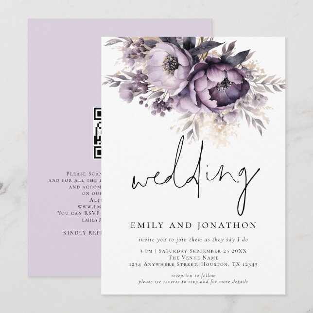 Convites Casamento Informal De Lilac Purple Florals (Frente/Verso)