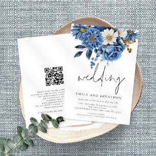 Convites Casamento Informal de Script Florais Azul-marinho