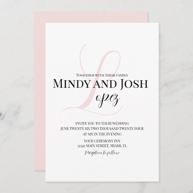 Convites Casamento Inicial Cor-de-Rosa Elegante (Frente/Verso)