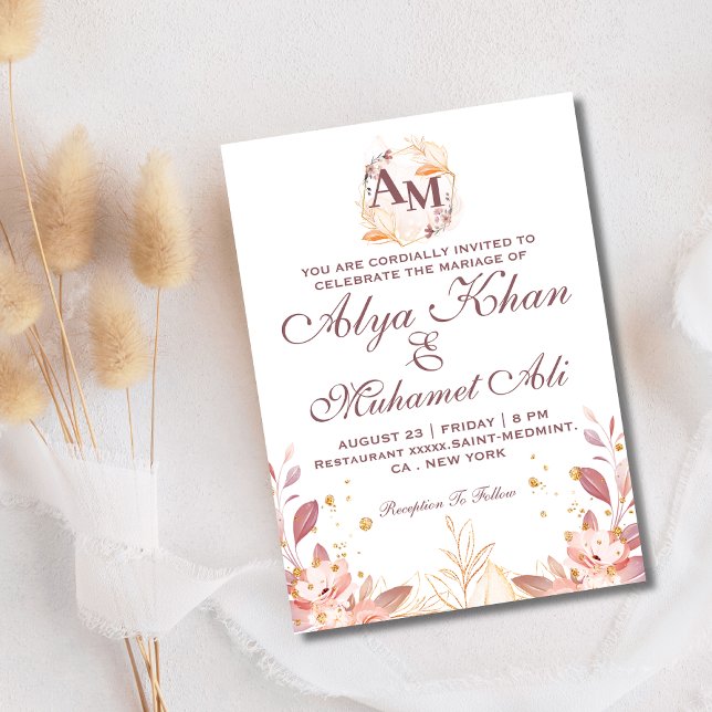 Convites Casamento inicial da Flor Botânica Rústica (Criador carregado)
