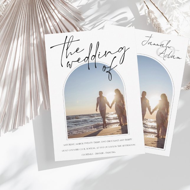 Convites Casamento inicial de fotos do Arch Branco preto mo (Criador carregado)