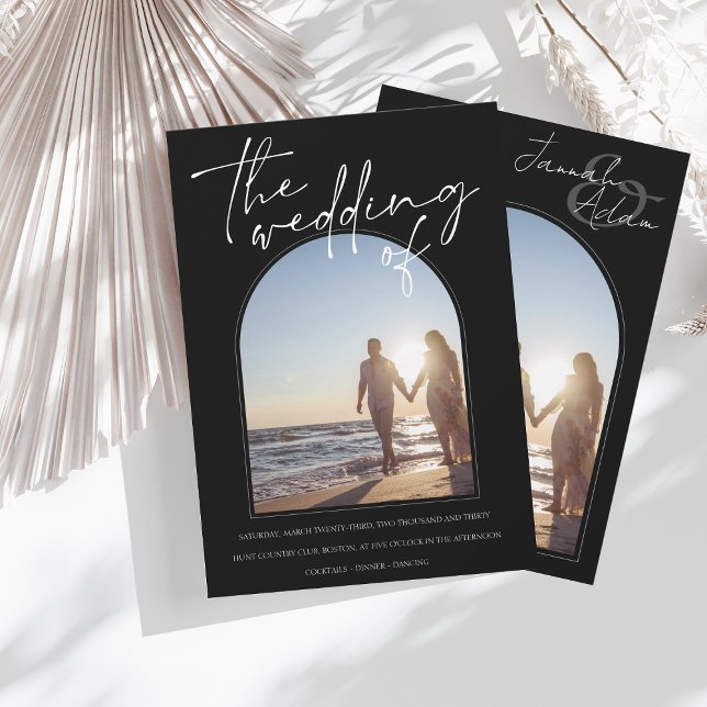 Convites Casamento inicial de fotos do Arch Branco preto mo (Criador carregado)