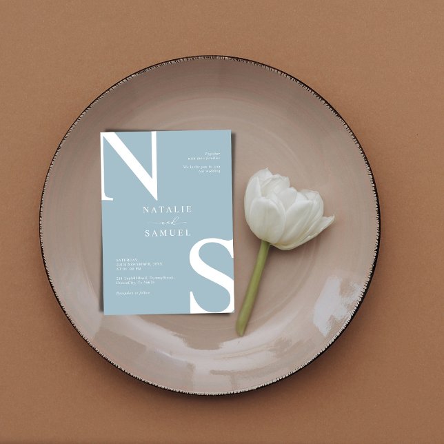 Convites Casamento Inicial De Ice Blue Minimalist & Elegant (Criador carregado)