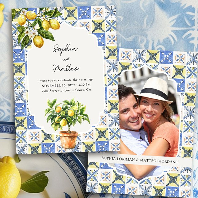 Convites Casamento Inspirado Amarelo Azul Lemon Grove (Wedding Invitation with Photo from the Lemon Grove Wedding Collection by Darling & May)