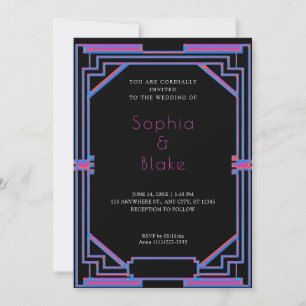 Convites Casamento Intrincado Preto, Roxo e Azul Art Déco